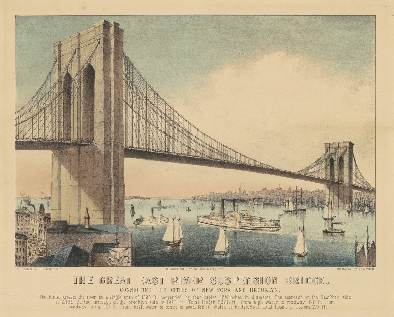 New York ve Brooklyn Şehirlerini birbirine bağlayan Great East River Asma Köprüsü by Currier and Ives