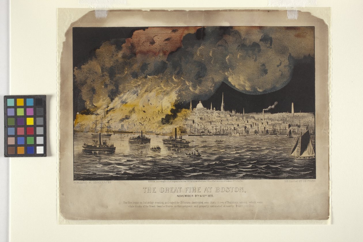 Boston'daki Büyük Yangın (el ile renkli taşbaskı) by N. and Ives J.M. (1824 95) Currier