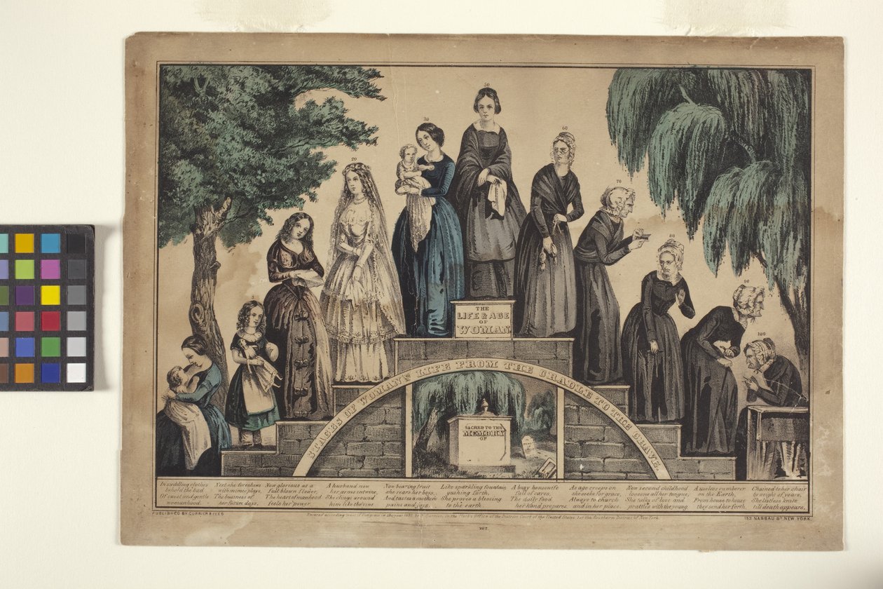 Kadının Yaşamı ve Yaşı/Beşikten Mezara Kadının Yaşam Aşamaları (el boyaması taş baskı) by N. and Ives J.M. (1824 95) Currier