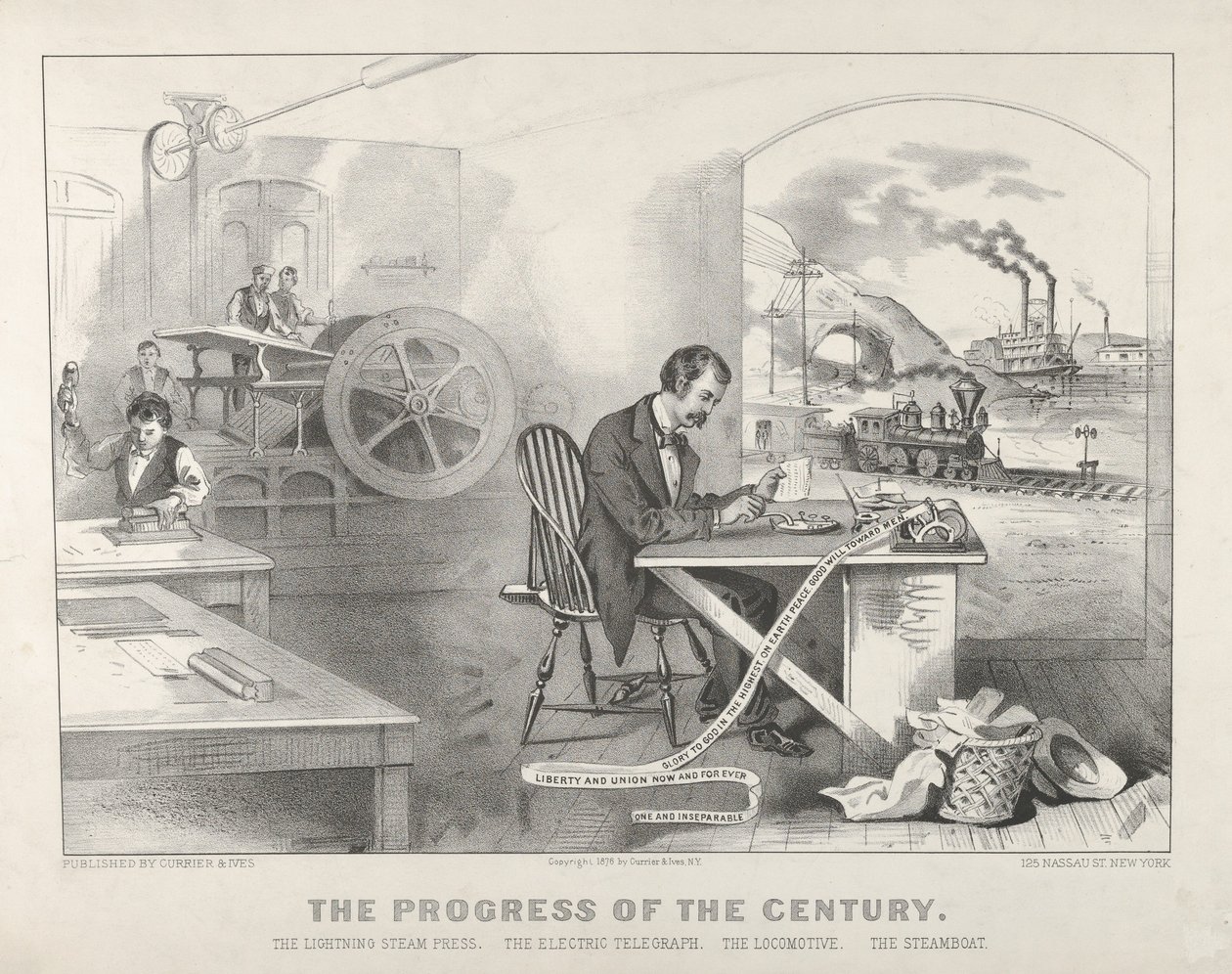 Yüzyılın İlerlemesi: Yıldırım Buhar Presi, Elektrikli Telgraf, Lokomotif, Vapur by Currier and Ives