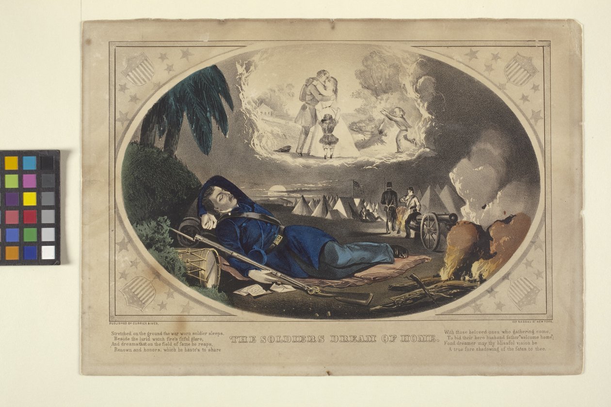 Askerin Ev Rüyası (elle renkli taş baskı) by N. and Ives J.M. (1824 95) Currier