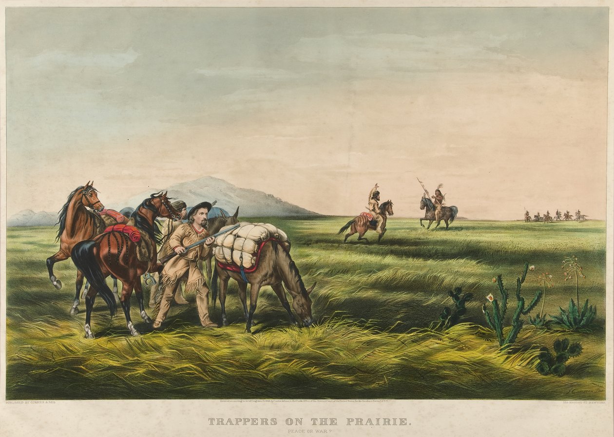 Çayırdaki Tuzakçılar / Barış mı Savaş mı? 1866 (renkli litografi) by Currier and Ives
