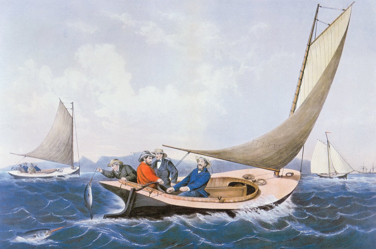 Maine kıyılarında mavi balık için trolleme by Currier and Ives
