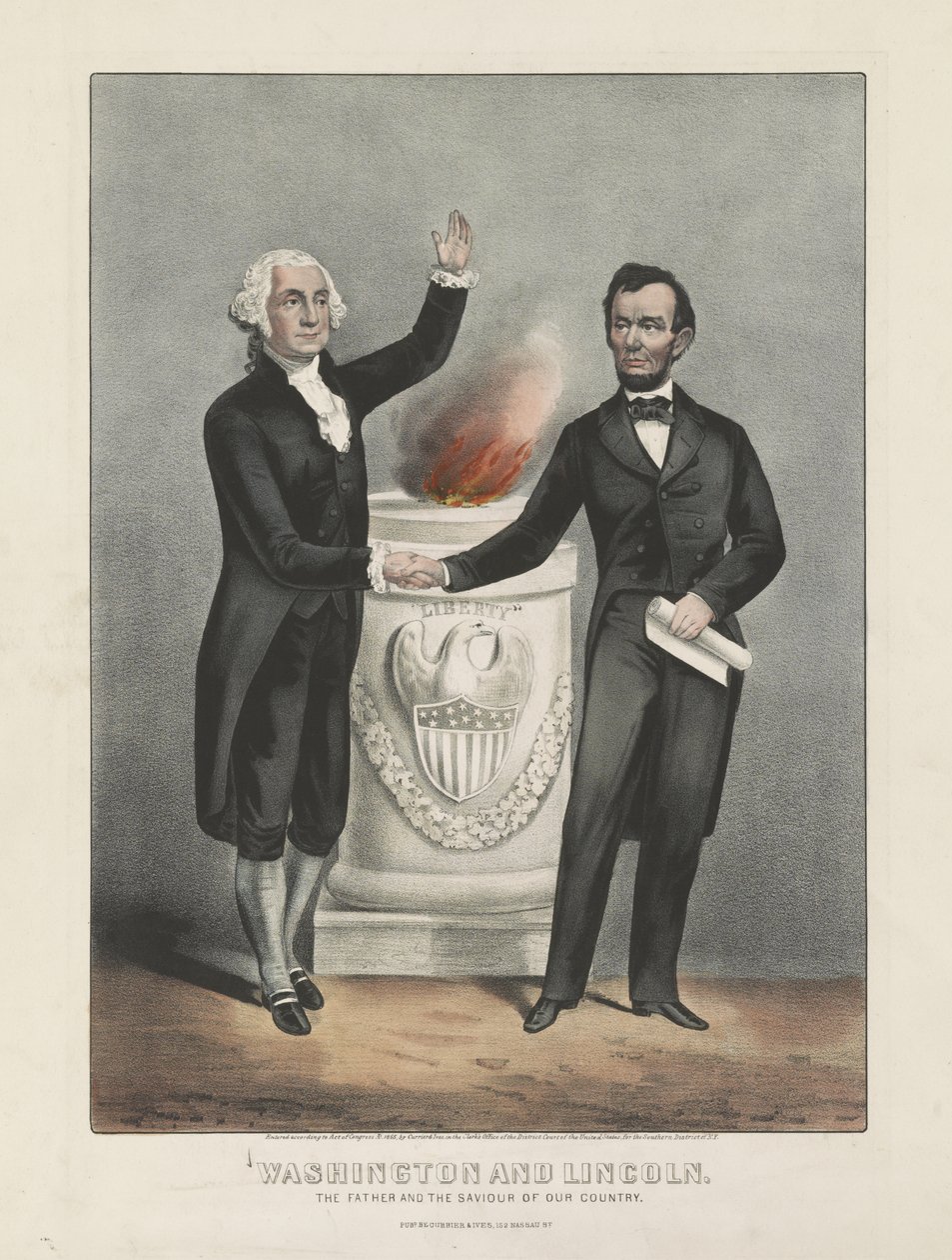 Washington ve Lincoln. Ülkemizin babası ve kurtarıcısı, c.1865 (renkli litografi) by Currier and Ives