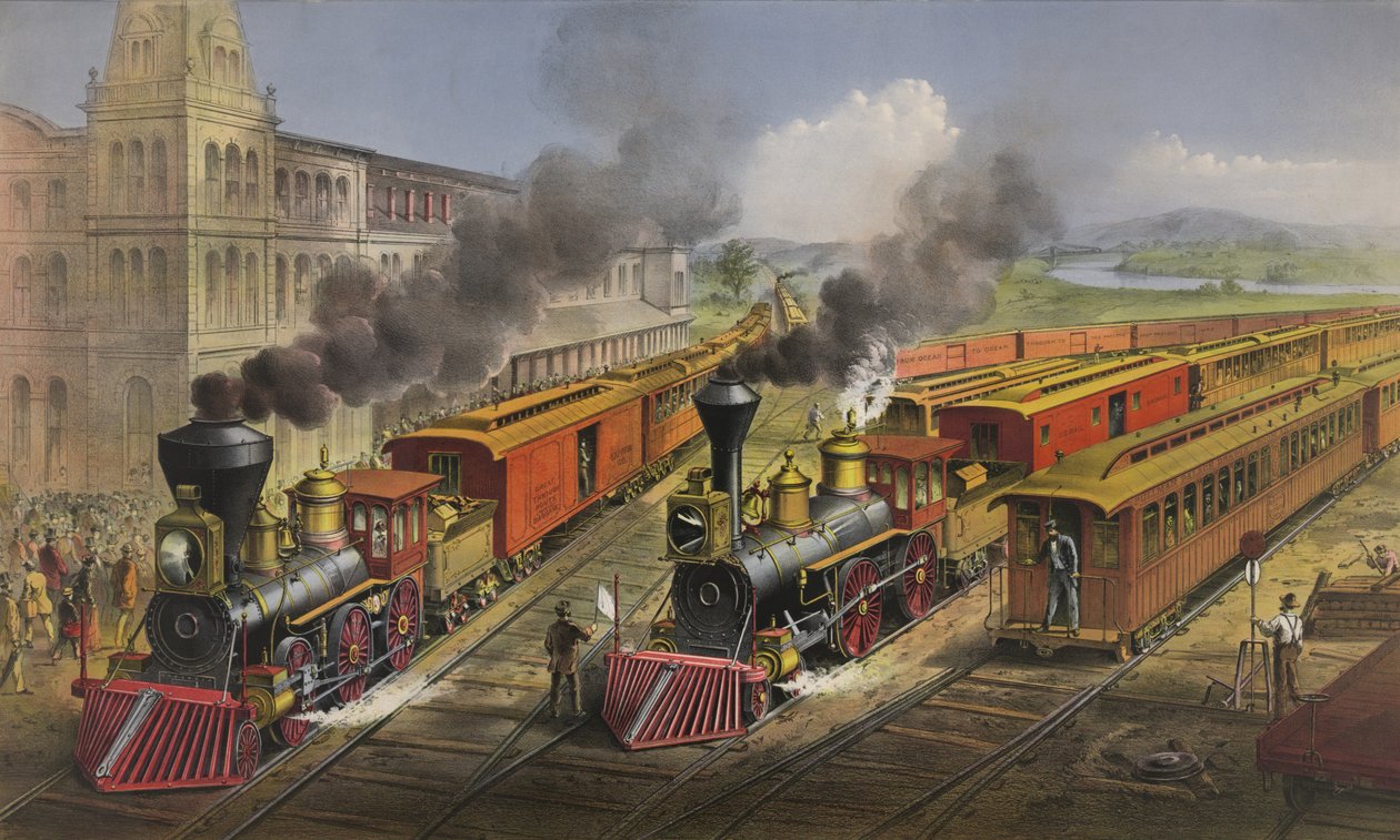 Amerikan demiryolu sahnesi: kavşaktan ayrılan yıldırım ekspres trenleri, 1874 by N. and Ives, J.M. Currier