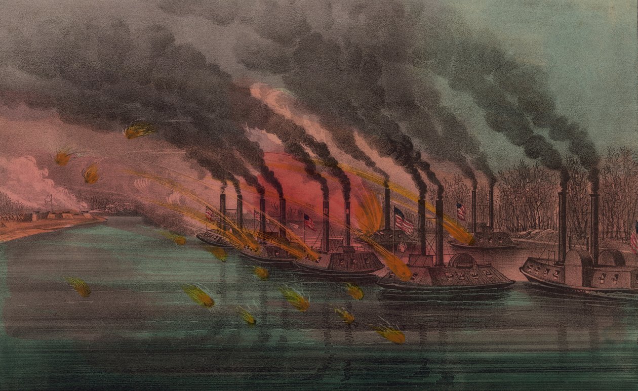 Bombardment and capture of Fort Henry by federal gunboats, 1862  by N. and Ives, J.M. Currier