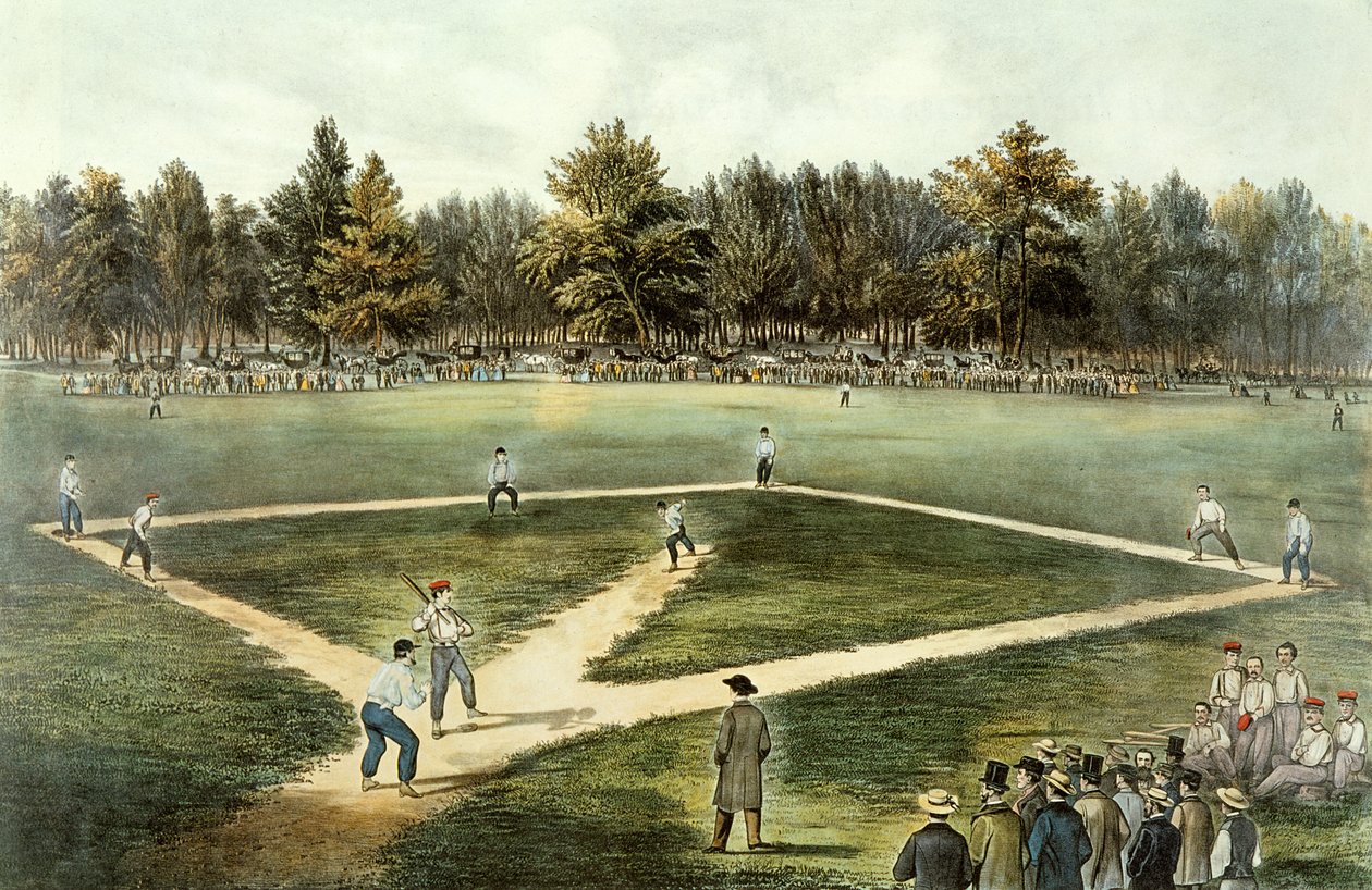 The American National Game of Baseball - Grand Match at Elysian Fields, Hoboken, NJ, 1866  (see 32902) by N. and Ives, J.M. Currier