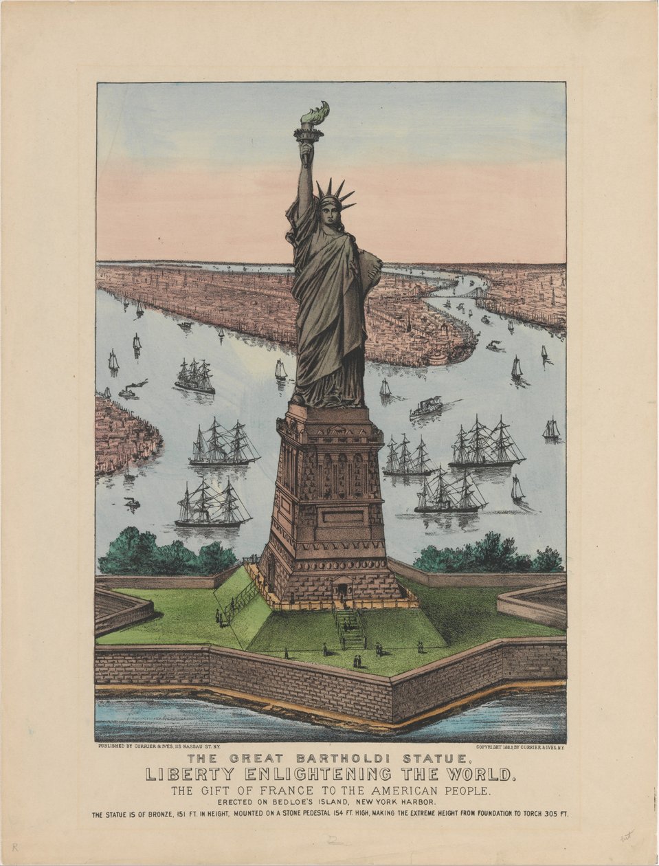 Büyük Bartholdi Heykeli – Dünyayı Aydınlatan Özgürlük, 1885 (el renginde litografi) by N. and Ives, J.M. Currier