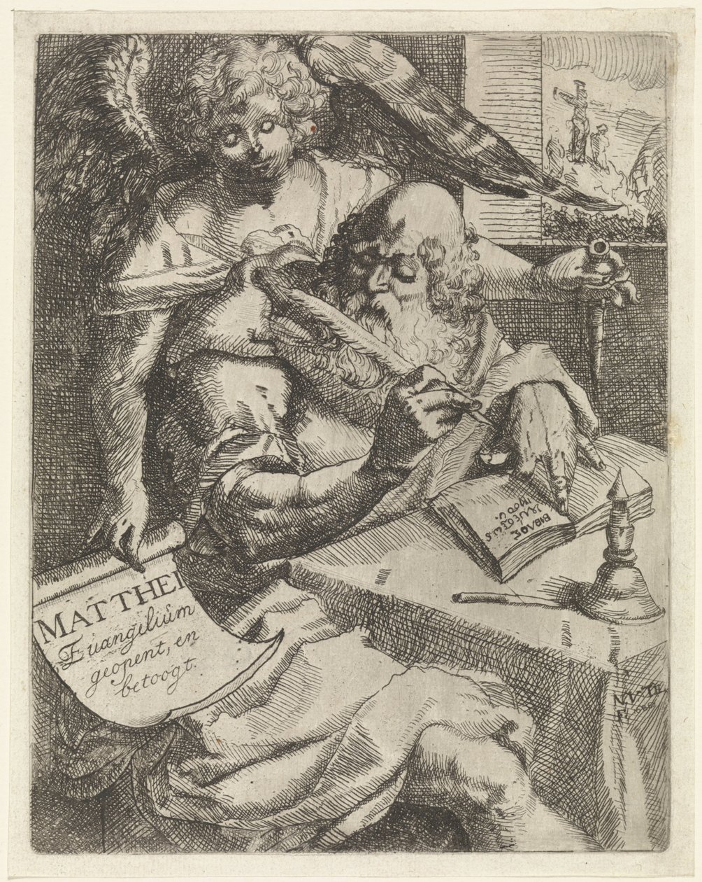 Evangelist Matta Matthei Evangelium açılır ve tartışır (nesnedeki başlık) Başlık sayfası: S. van Til, Het euangelium des H. Apostles Matthæi (...) kısa notlarla açıldı, 1687 by N. van Til
