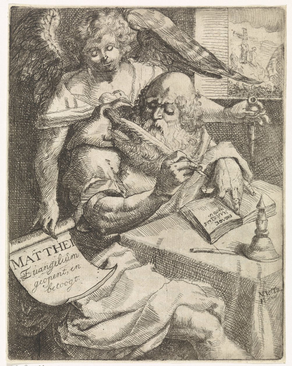 Matthew the Evangelist Matthei Evangelium açılır ve tartışır (nesne üzerindeki başlık) Başlık sayfası için: S. van Til, Het euangelium des H. Apostles Matthaei (...) kısa notlarla açıldı, 1687 by N. van Til