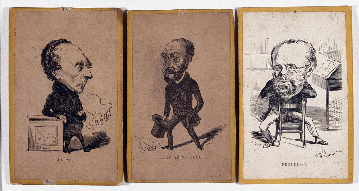 3 Portre şarjı (portre ücreti): Francois Pierre Guillaume Guizot (1787-1874), Fransız tarihçi ve politikacı, Charles Jean-Baptiste (Jean Baptiste) Jacquot dit Eugene de Mirecourt (1812-1880), Fransız gazeteci ve yazar ve Pierre -Joseph Proudhon by Nadar