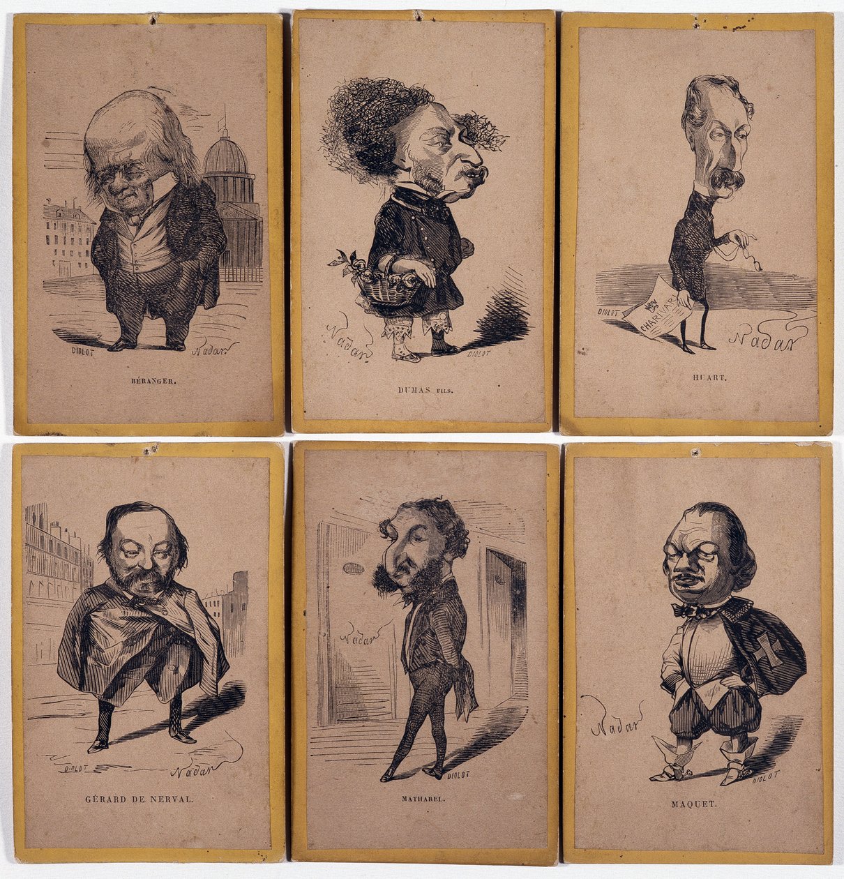 6 Hücum Portresi: Pierre Jean de Beranger (1780-1857) Fransız söz yazarı, Alexandre Dumas fils (1824-1895), Louis Adrien Huart (1813-1865) Fransız gazeteci, yazar ve tiyatro yönetmeni Gerard de Nerval (1808-1855), Fransız yazar, Charles Matharel de Fie by Nadar