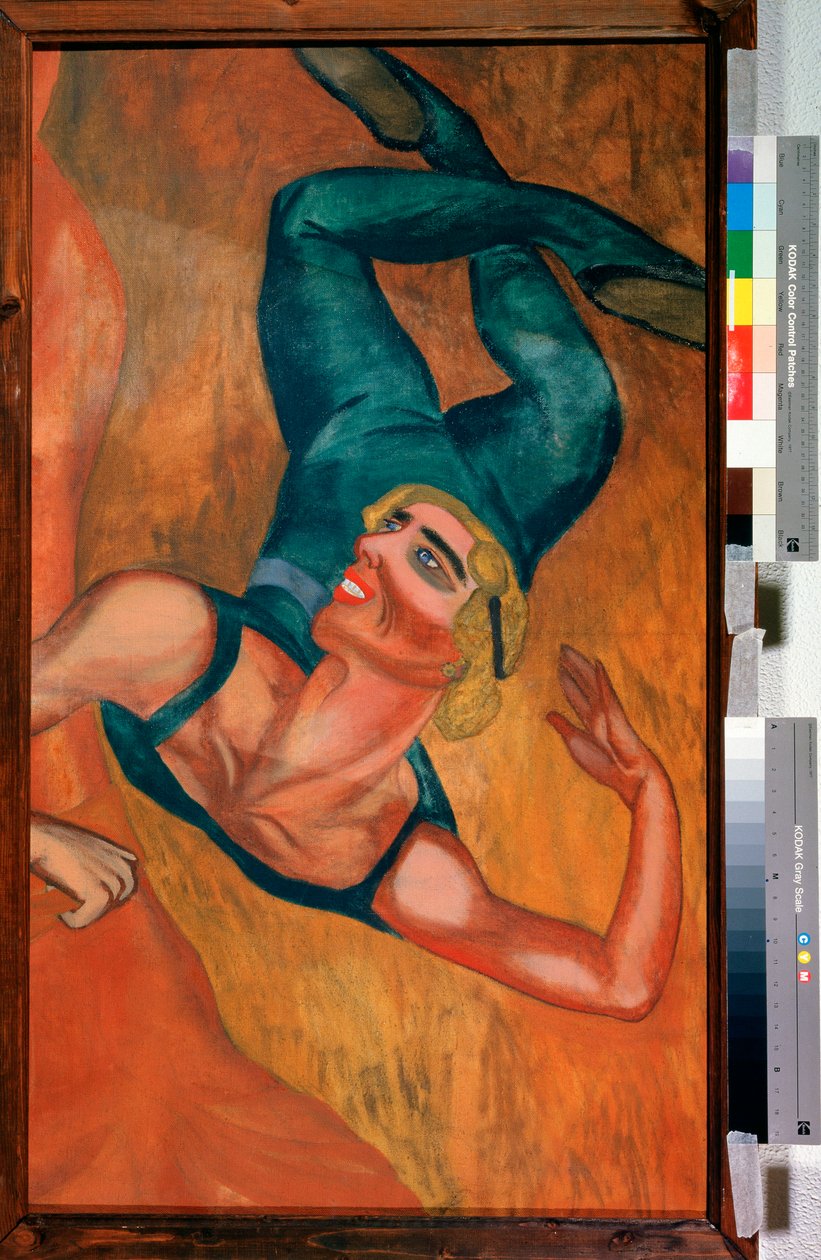 Saut (Zıplama) - Bir akrobat, havada asılı duran pozla deforme olmuş, gülen yüz, esnek vücut bir sıçrama gerçekleştirir - Resim Nadezhda Vladimirovna Lermontova (1885-1921), tuval üzerine yağlıboya by Nadezhda Vladimirovna Lermontova