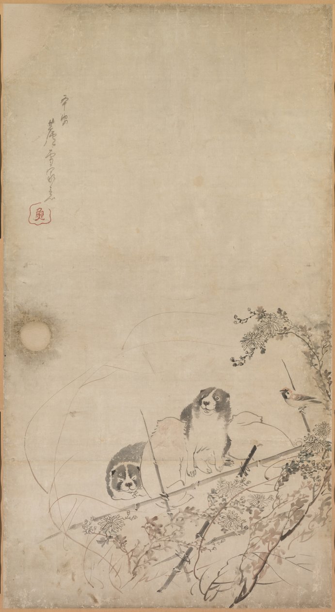 Köpek Yavruları, Serçeler ve Krizantemler by Nagasawa Rosetsu