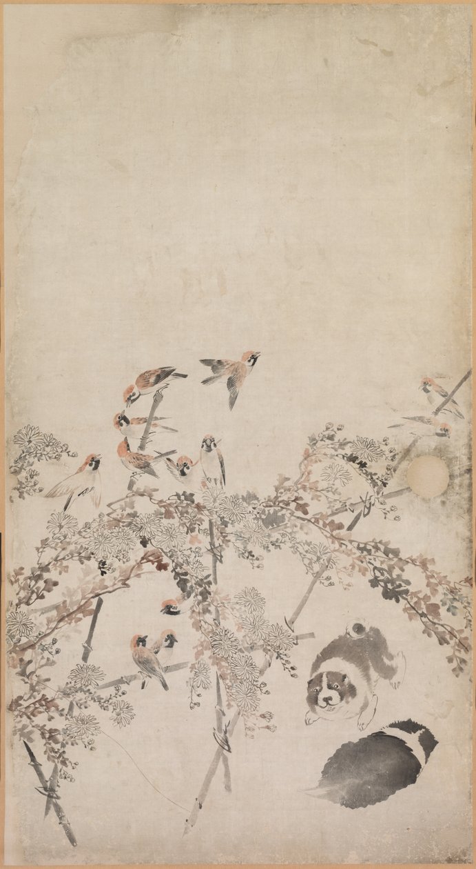 Köpek Yavruları, Serçeler ve Krizantemler by Nagasawa Rosetsu