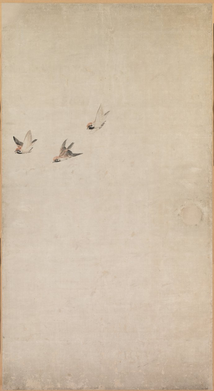 Köpek Yavruları, Serçeler ve Krizantemler by Nagasawa Rosetsu