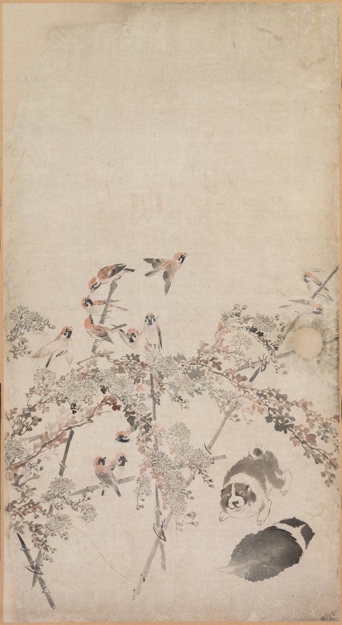 Köpek Yavruları, Serçeler ve Krizantemler, 1754-1799. by Nagasawa Rosetsu