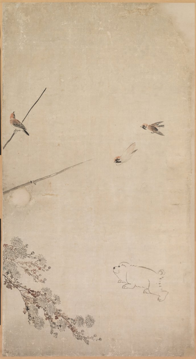 Köpek Yavruları, Serçeler ve Krizantemler, 1754-1799. by Nagasawa Rosetsu