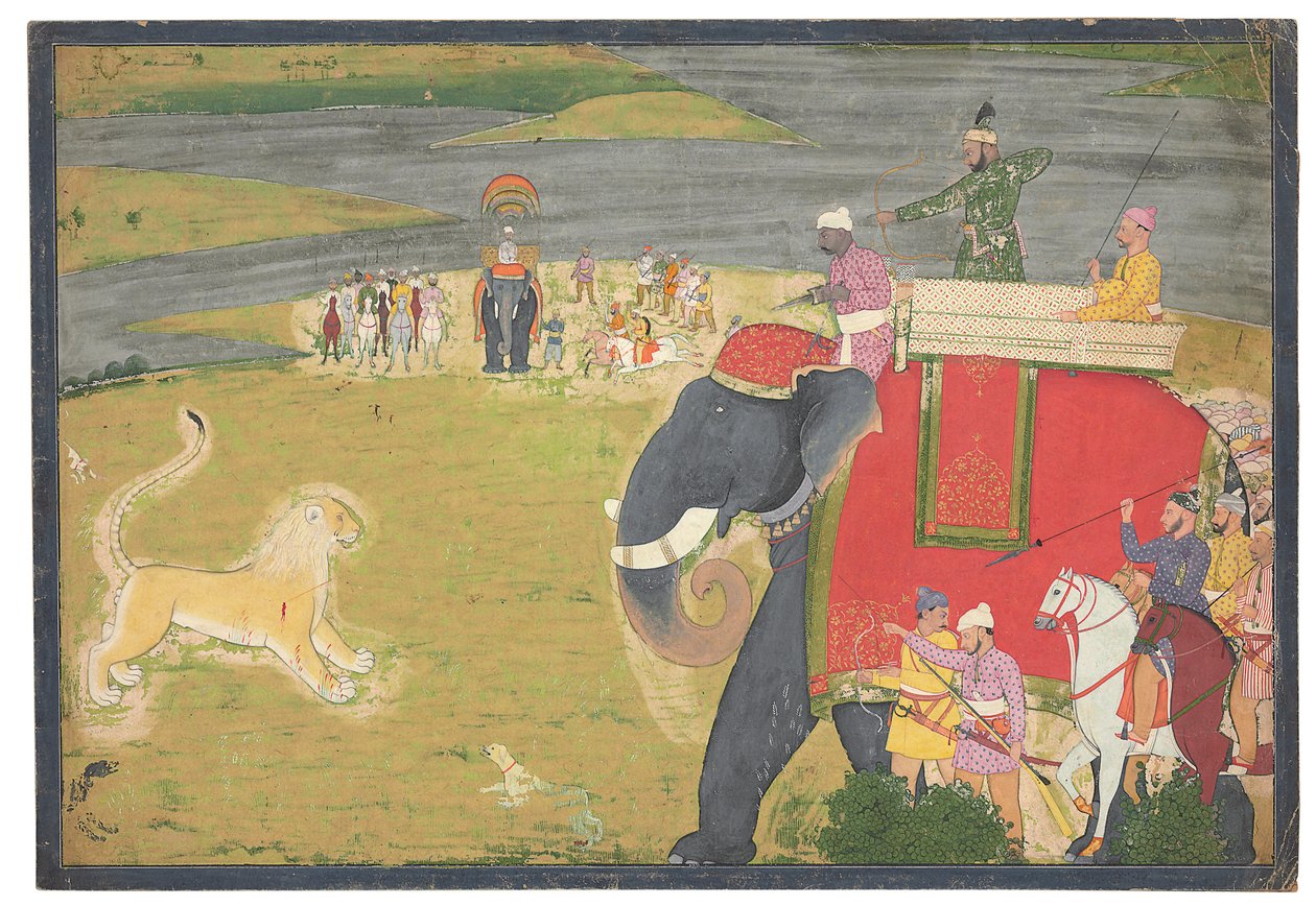 Raja Balwant Dev Singh bir aslan shikaar üzerinde, c.1750 by Nainsukh