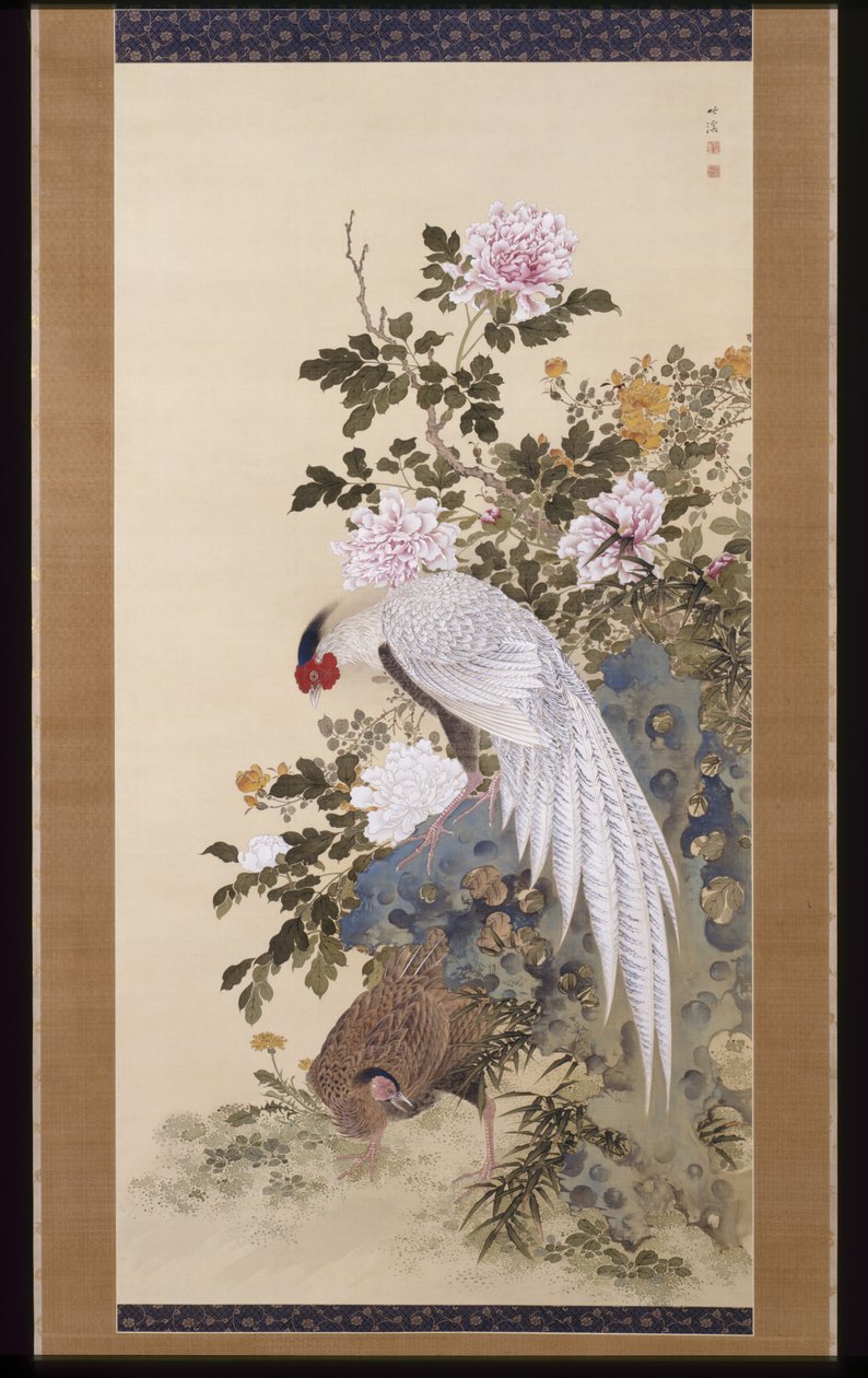 Şakayık ve Gümüş Sülünler (ipek üzerine mürekkep ve renkli) by Nakabayashi Chikkei