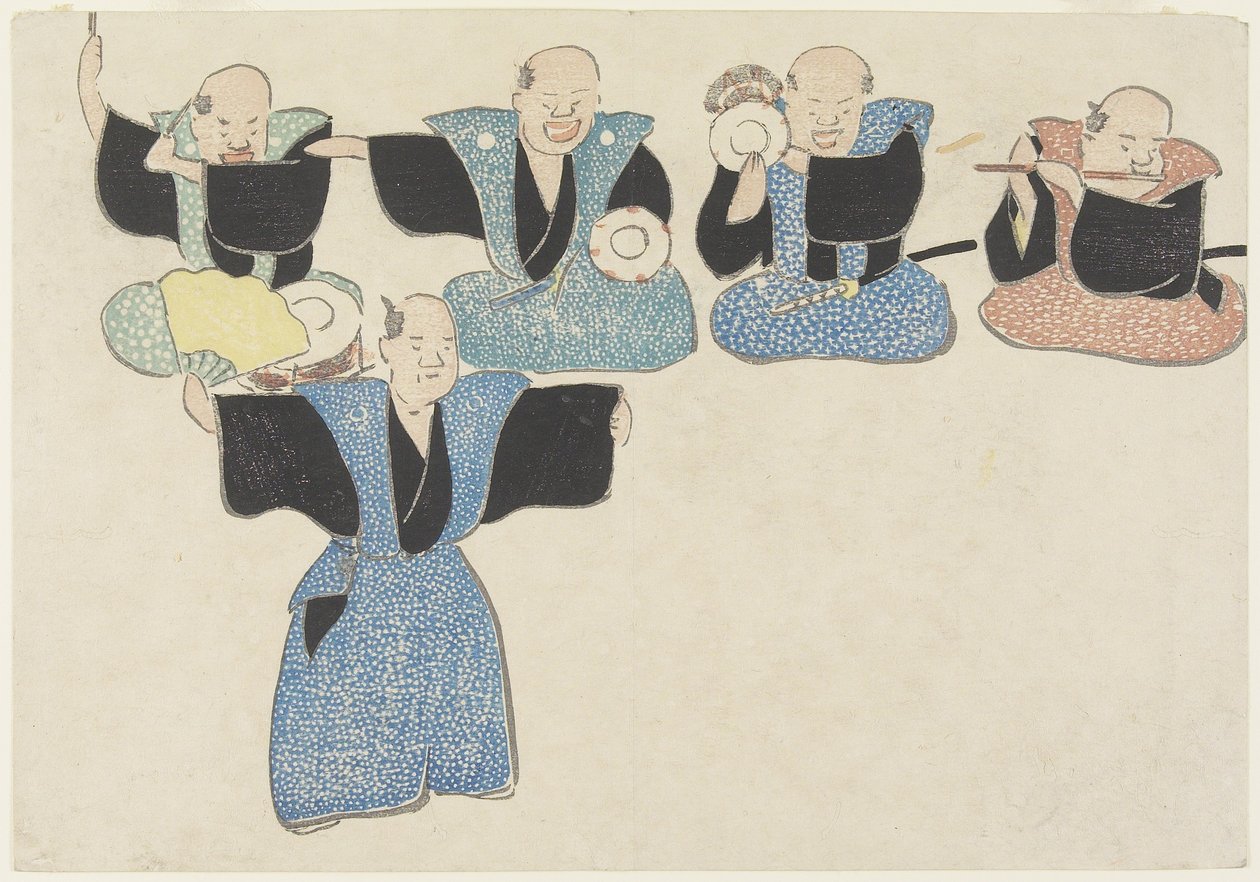 Dansçı ve Dört Müzisyen, 18.-19. yüzyıl (renkli tahta baskı) by Nakamura Hochu