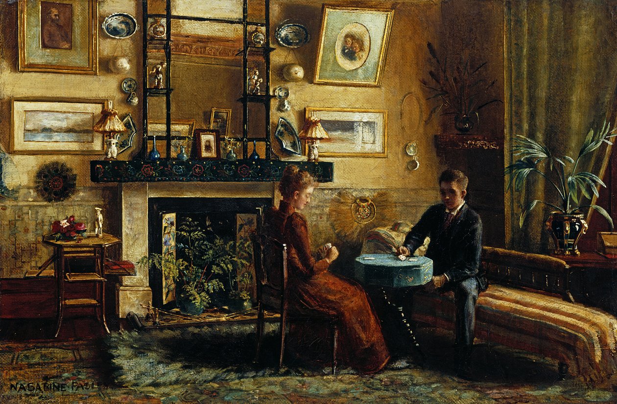 Interior with a couple playing cards, 1887-91  by Nancy A. Sabine Pasley