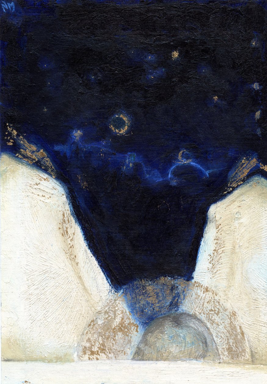 Melek kanatlarını aldığı gece 2, 2013, (kartta yağ ve altın varak) by Nancy Moniz Charalambous