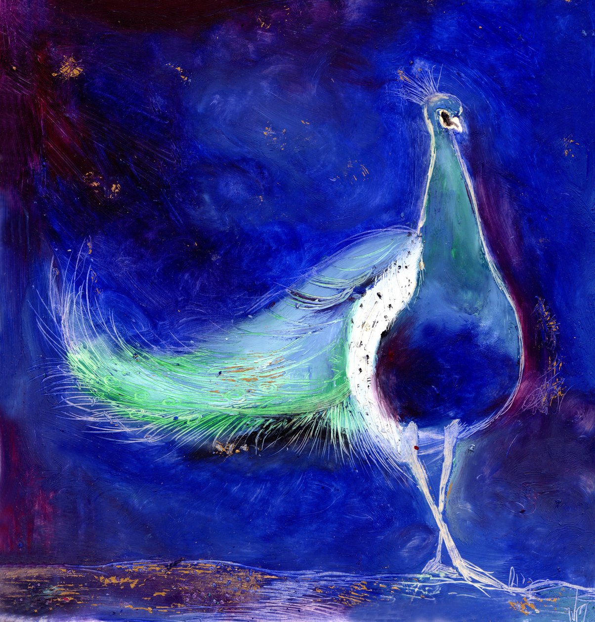 Peacock Blue, 2013, (kart üzerinde yağ ve altın varak) by Nancy Moniz Charalambous