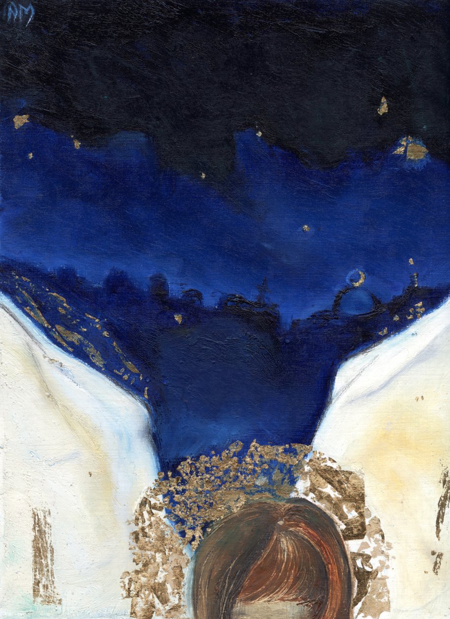 Melek kanatlarını aldığı gece, 2014, (karttaki yağ ve altın varak) by Nancy Moniz Charalambous