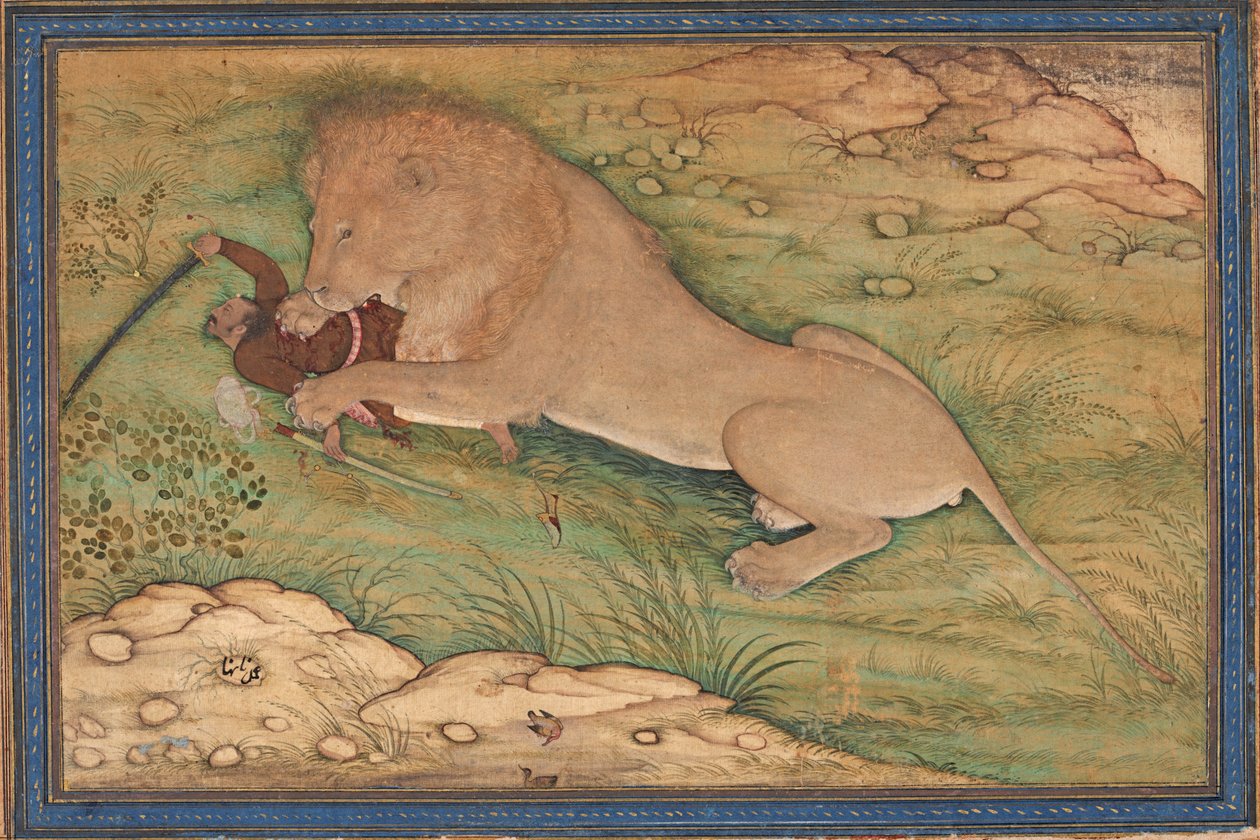 Avın Tehlikeleri, Bir Aslan Avcının üzerine atlar, c.1615 (ipek üzerinde opak wc) by Nanha