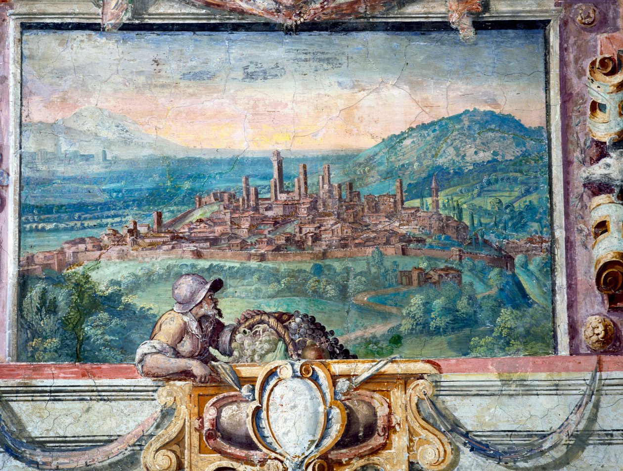 Yatak odası, Medici yönetimi altındaki kasabaları tasvir eden friz detayı, San Gimignano, 1564-75 fresk by Bartolomeo Ammannati