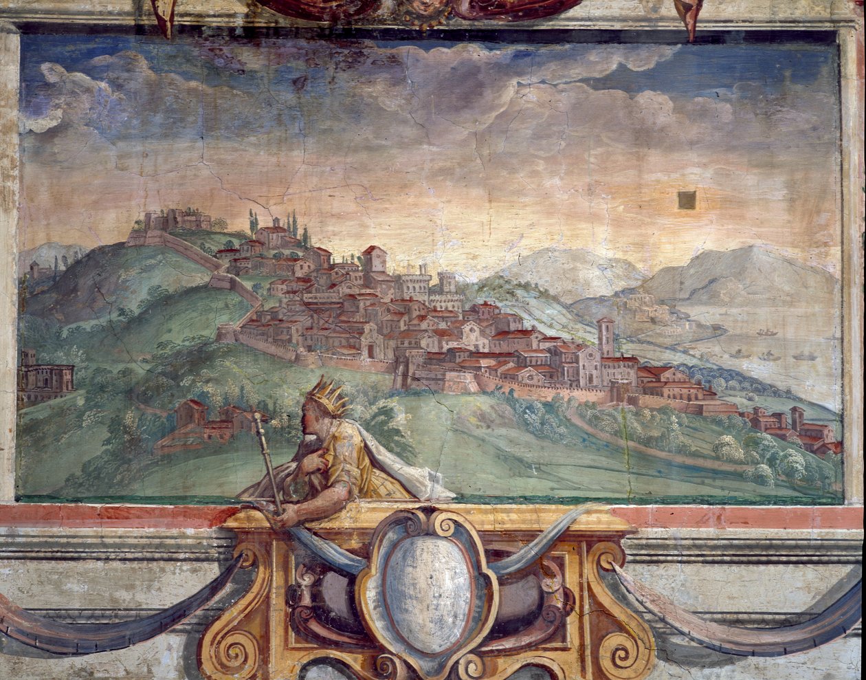 Yatak odası, Medici yönetimi altındaki kasabaları tasvir eden friz detayı, muhtemelen Cortona, 1564-75 fresk by Bartolomeo Ammannati