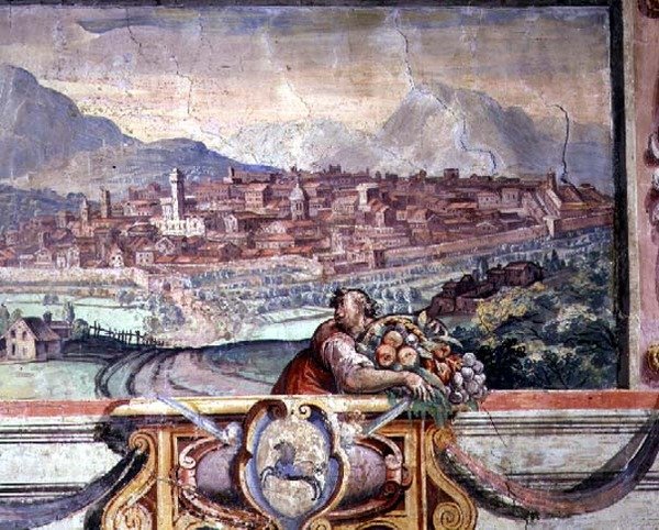 Yatak odası, Medici yönetimi altındaki kasabaları tasvir eden friz detayı, muhtemelen Volterra by Nanni di B. Bigio and Bartolomeo Ammannati