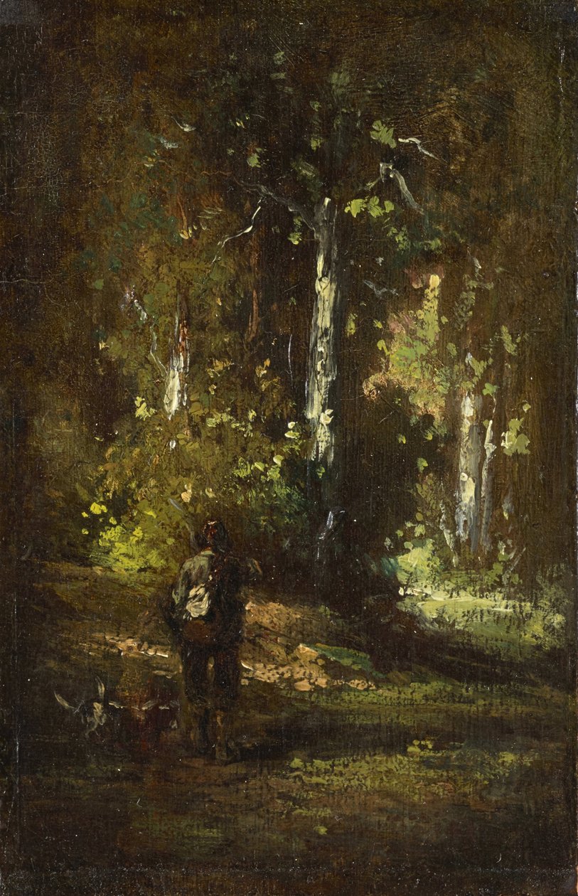 Bir avcı ile ormanın içinin görünümü by Narcisse Virgilio Diaz de la Peña, Alexandre Gabriel Decamps