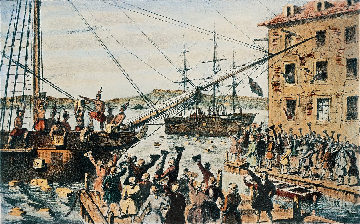 Boston Çay Partisi, İngiliz çay sandıkları sömürgeciler tarafından Boston Limanı
