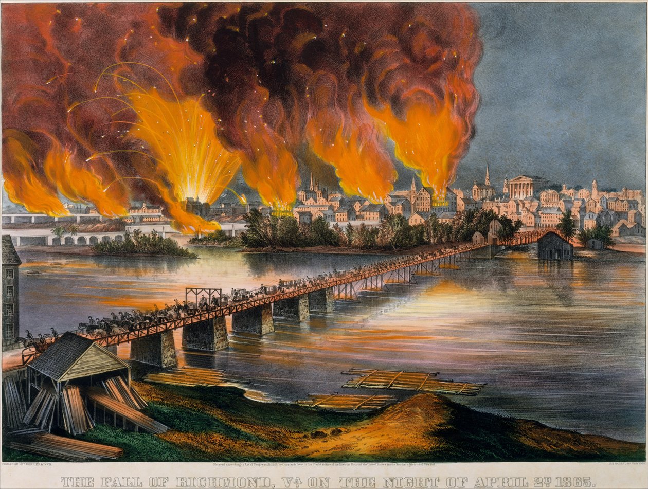 The Fall of Richmond, Virginia, 2 Nisan 1865, 1865., 1865 Gecesi. Yaratıcılar: Nathaniel Currier, James Merritt Ives, Currier ve Ives. by Currier and Ives