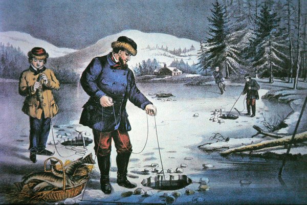 American Pioneer Life: Buz Deliğinden Balık Tutmak by Nathaniel Currier