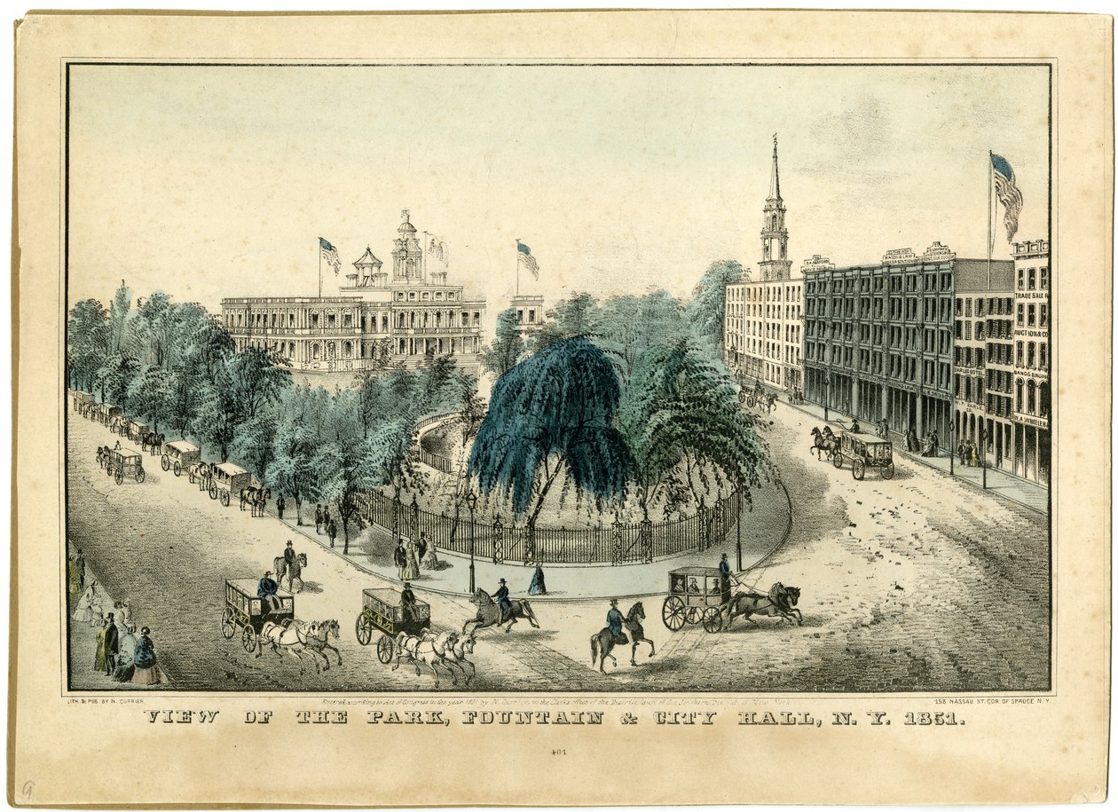 Parkın Görünümü, Çeşme ve Belediye Binası, N.Y. 1851, 1851 by Nathaniel Currier