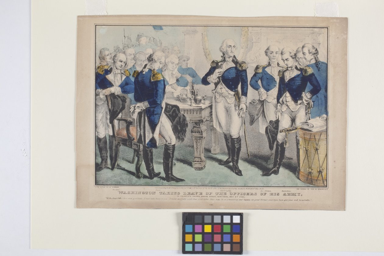 Washington Ordusunun Subaylarından Ayrılıyor (elle renkli taş baskı) by Nathaniel Currier