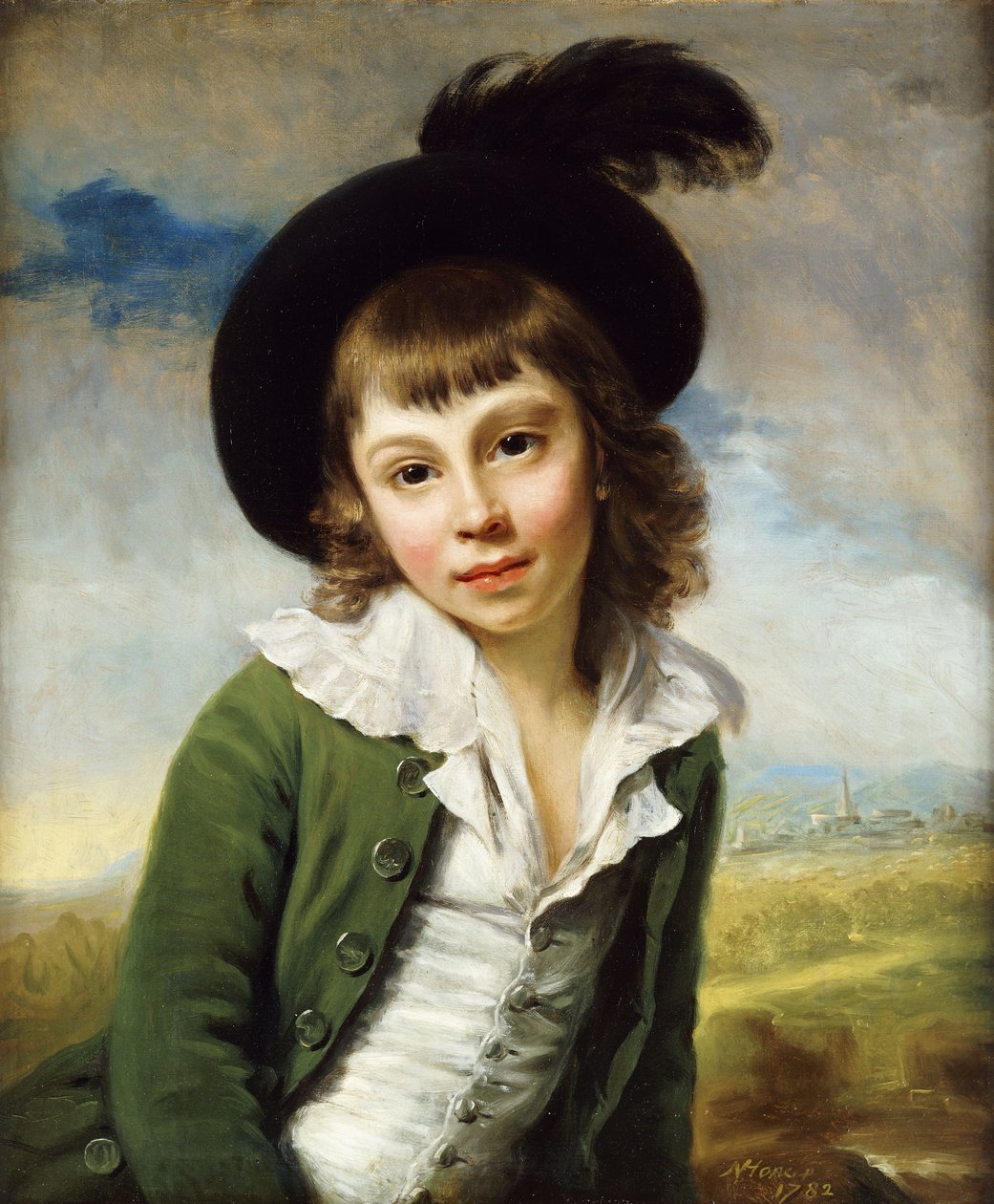 "Yeşil Çocuk": Yeşil Paltolu ve Siyah Şapkalı, Tüy Tüylü, Yarım Boy Bir Çocuğun Portresi, 1782 by Nathaniel Hone