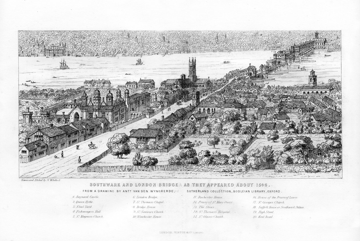 Southwark ve London Bridge, 1546, c1860 civarında göründükleri gibi. by Nathaniel Whittock