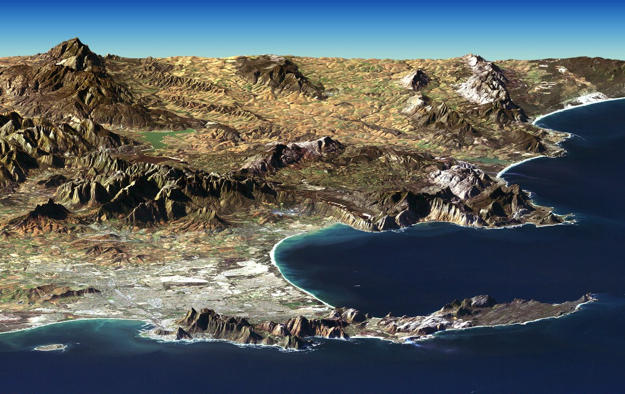 Cape Town ve Ümit Burnu, Güney Afrika, Landsat uydu görüntüsünden oluşturulan perspektif görünümün ve Shuttle Radar Topography Mission