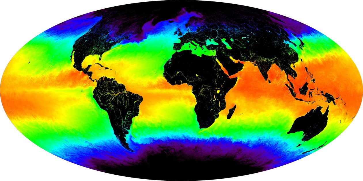Kredi Görüntü nezaket: MODIS Ocean Group, NASA GSFC ve Miami Üniversitesi: sahte renkli görüntüde gösterilen deniz yüzeyi sıcaklığı. Mayıs 2001 için bir aylık bileşik. Kırmızı ve sarı, ısınmayı gösterir by National Aeronautics and Space Administration National Aeronautics and Space Administration
