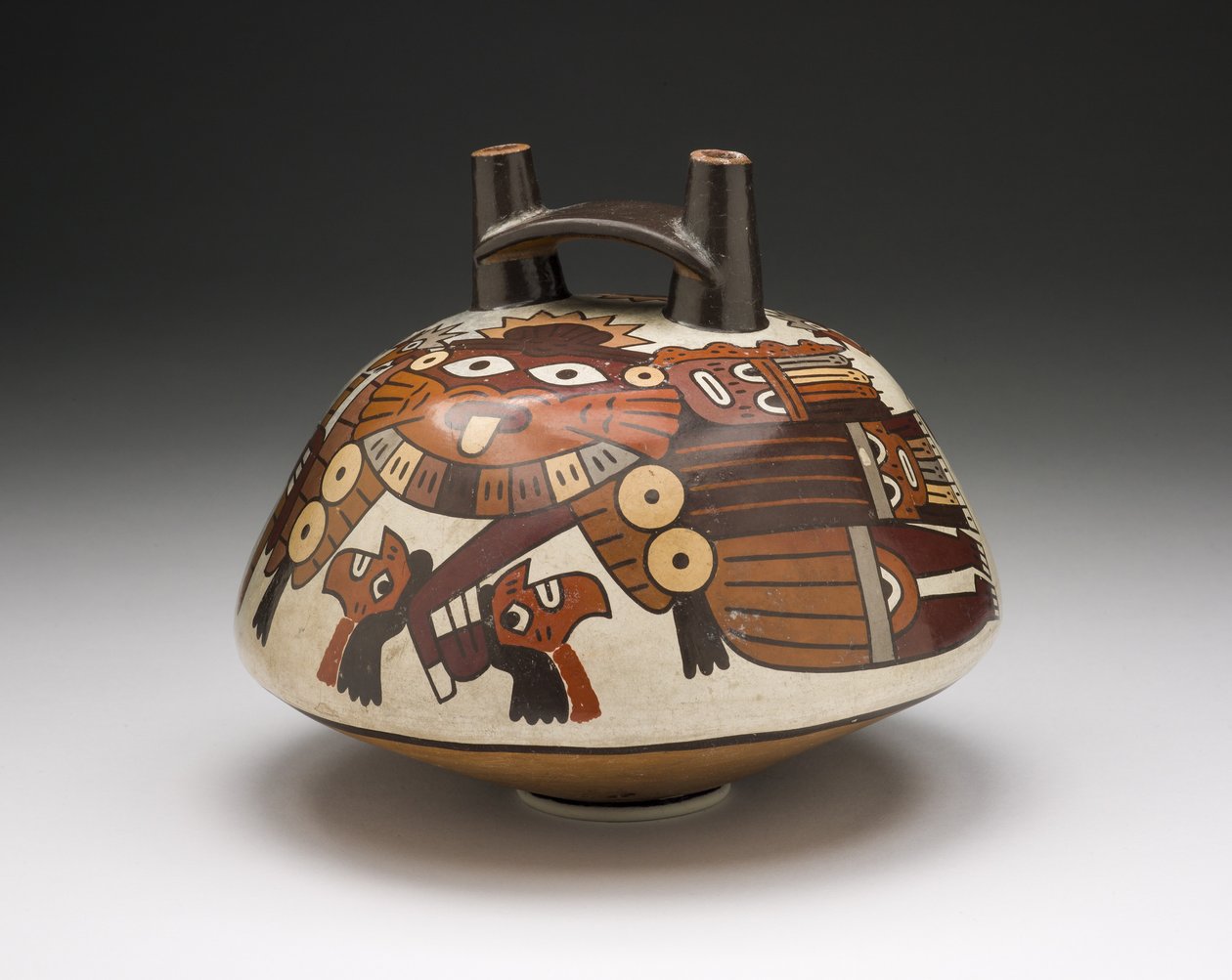 Kupa kafaları tutan maskeli bir savaşçıyı betimleyen gemi, MÖ 180-M.S. 500 by Nazca Culture