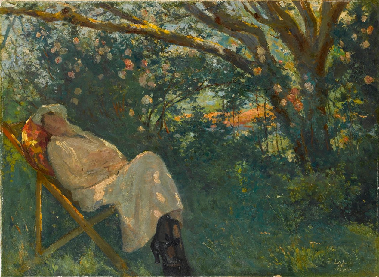 "Pembe Bir Şezlong Üzerinde" Tablo Nazmi Ziya Gueran (1881-1937) - 1904 - Tuval üzerine yağlı boya Dim 54x73 cm Sakıp Sabancı Müzesi, İstanbul by Nazmi Ziya Gueran