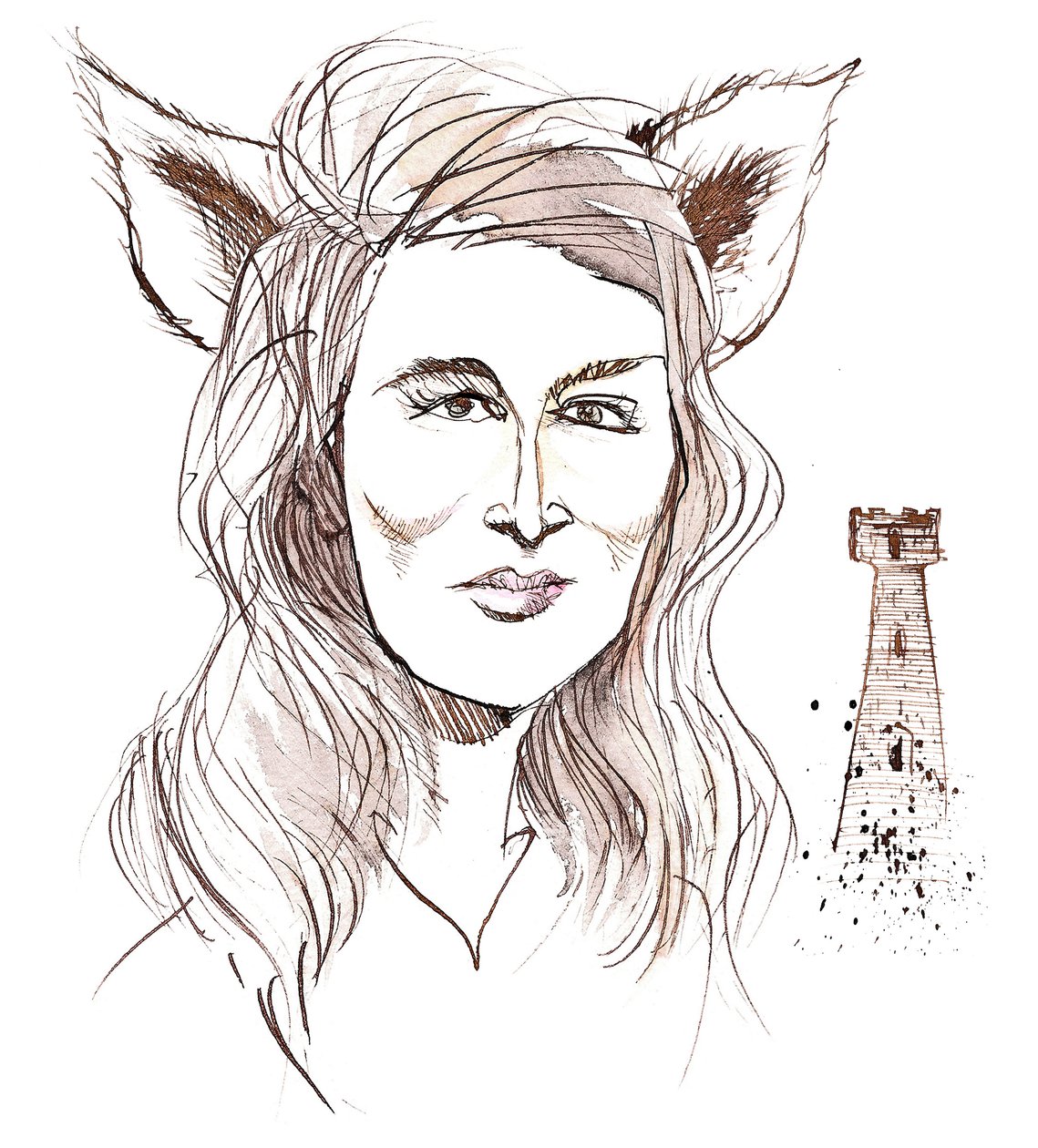 Angela Carter, İngiliz romancı ve gazeteci; The Bloody Chamber (1979) kitabından The Company of Wolves adlı hikayesine atıfta bulunarak kurt kulaklarıyla karikatürize edildi by Neale Osborne