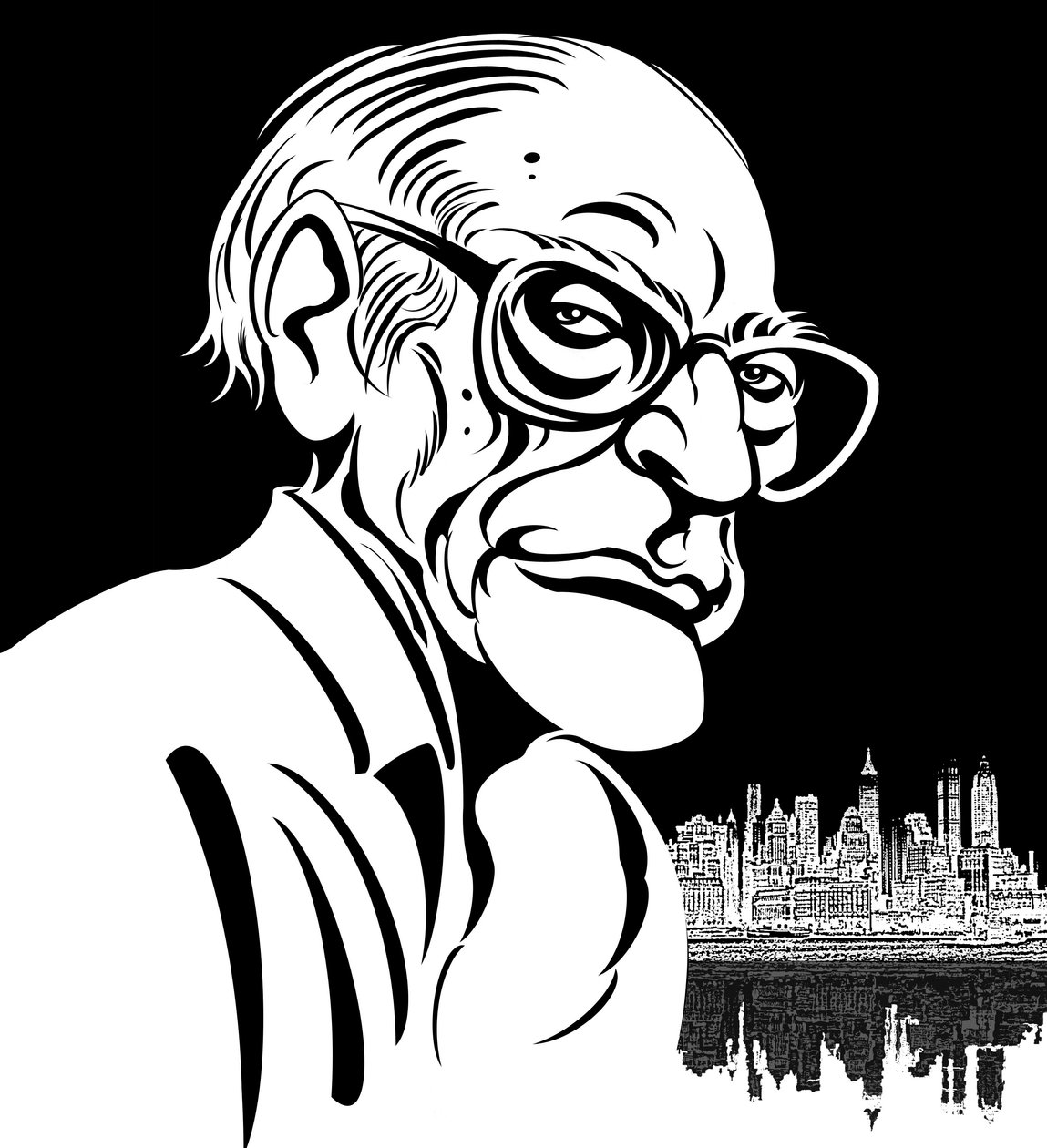 Arthur Miller, Amerikalı oyun yazarı (1915-2005); siyah beyaz karikatür by Neale Osborne
