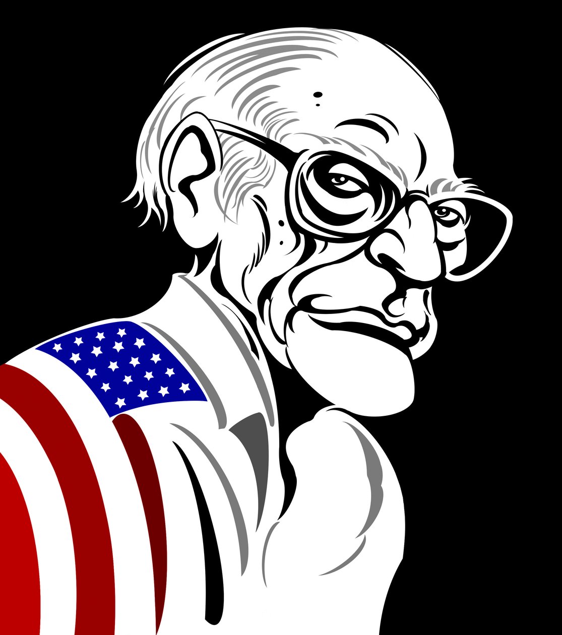 Arthur Miller, Amerikalı oyun yazarı (1915-2005); siyah-beyaz - renkli karikatür, Amerikan bayrağına sarılı by Neale Osborne