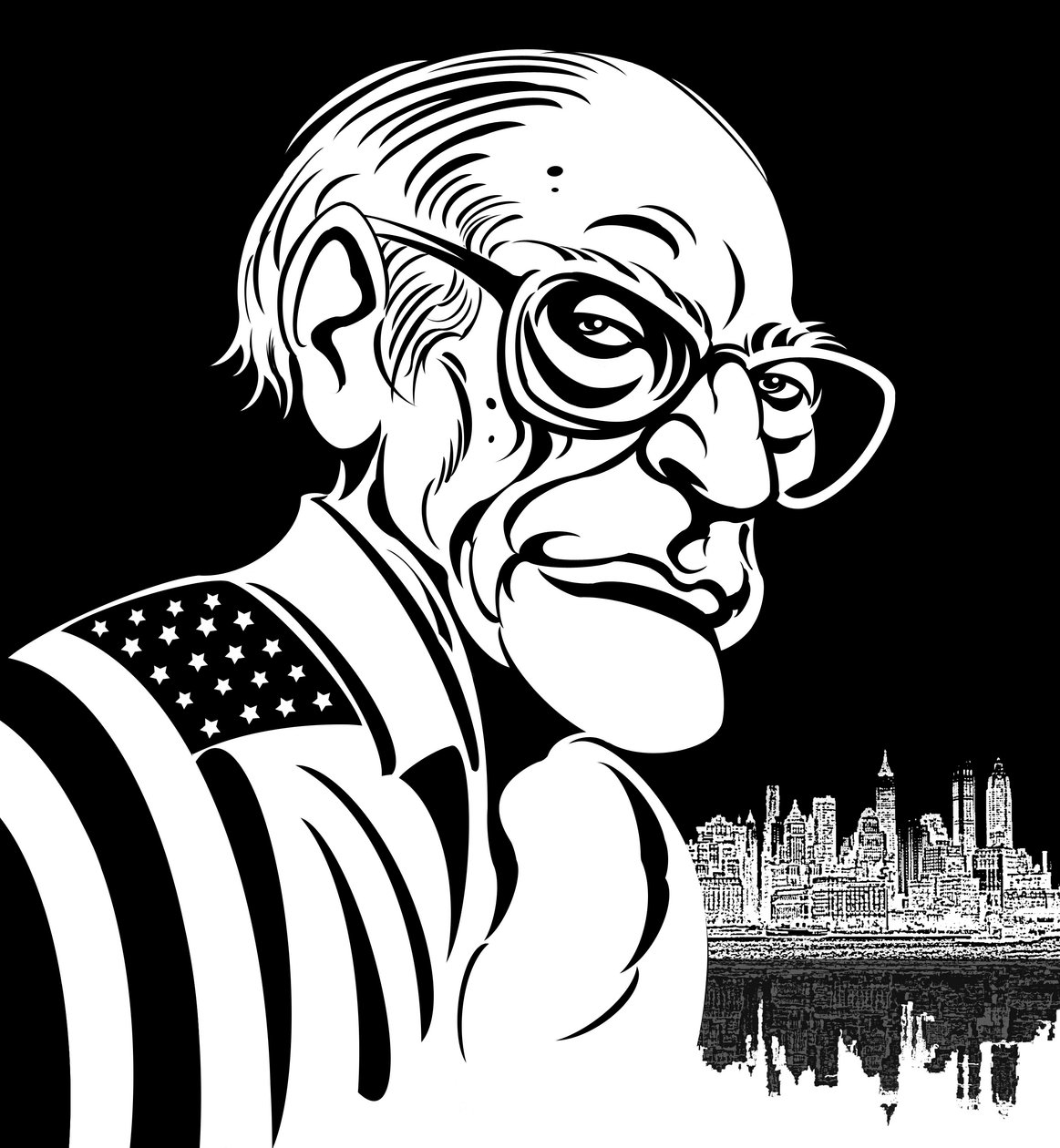 Arthur Miller, Amerikalı oyun yazarı (1915-2005); Amerikan bayrağına sarılı siyah-beyaz karikatür by Neale Osborne