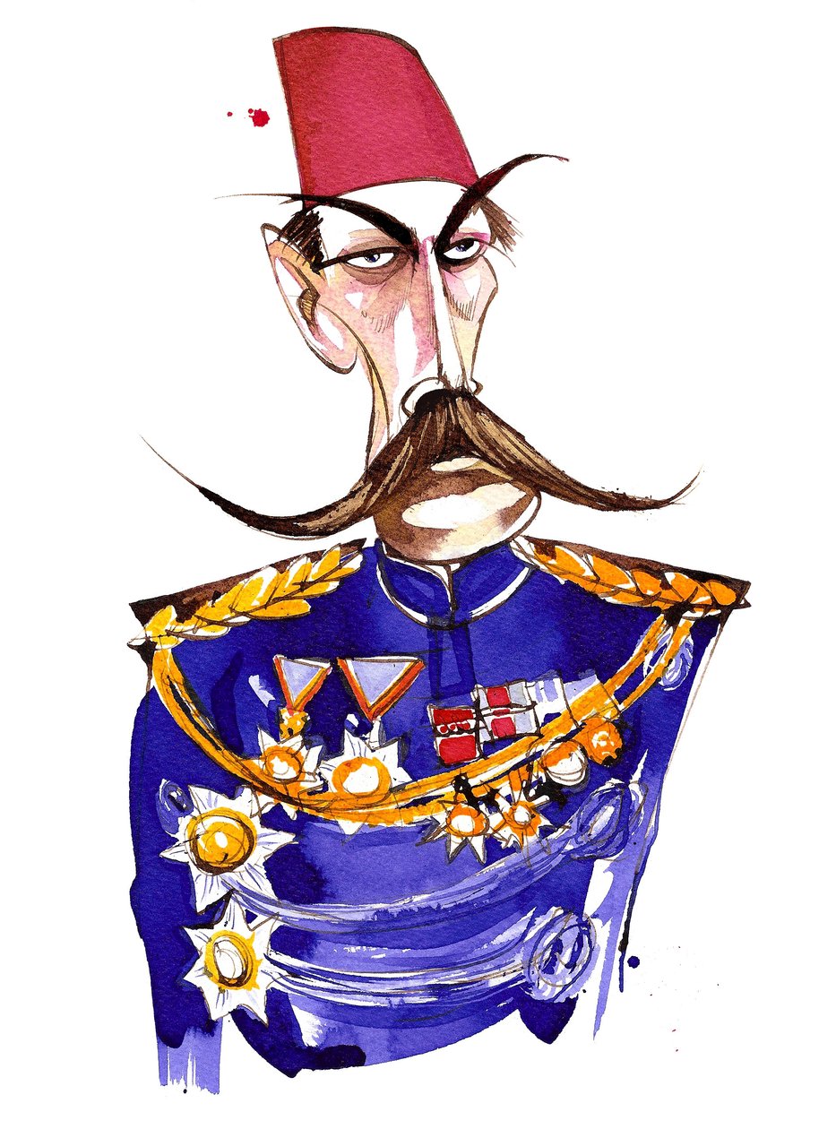 İrlanda doğumlu, İngiliz Mareşal, First Earl Kitchener, üniformalı ve fesli renkli karikatür by Neale Osborne